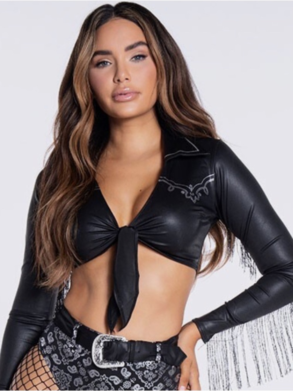Forplay Black Cowgirl Tie-Front Crop Top with Fringe